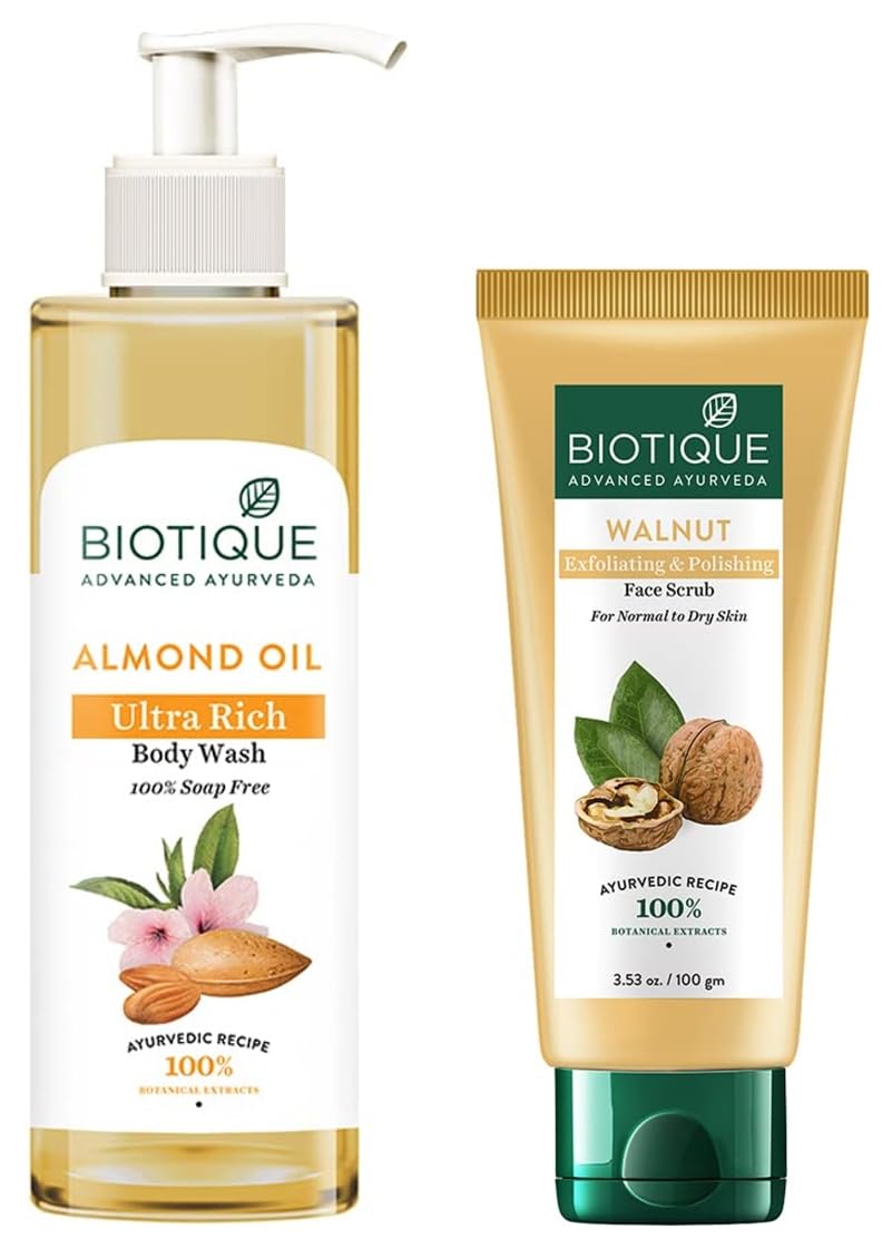Biotique Almond Oil Ultra Rich Body Wash, Botanical Extracts, 200ml & Bio Walnut Purifying & Polishing Scrub, 100g