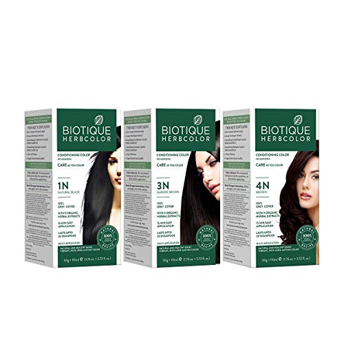 Biotique Herbcolor Conditioning Hair Colour l Ammonia Free Hair Color l 9 Organic Herbal Extracts l Natural and Healthy Shine l 50g + 110ml| Natural Black 1N (Pack of 1)