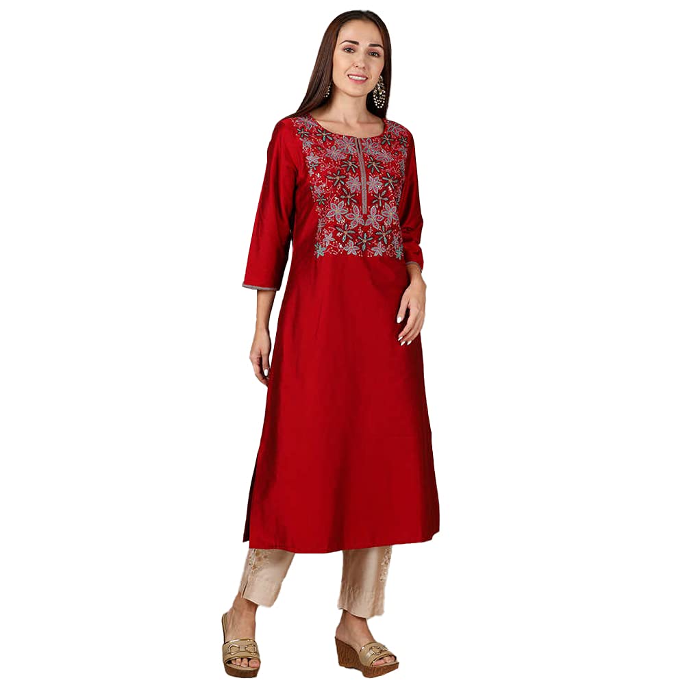 Kashish Women's  Viscose Embroidered Round Neck Straight Fit Kurta