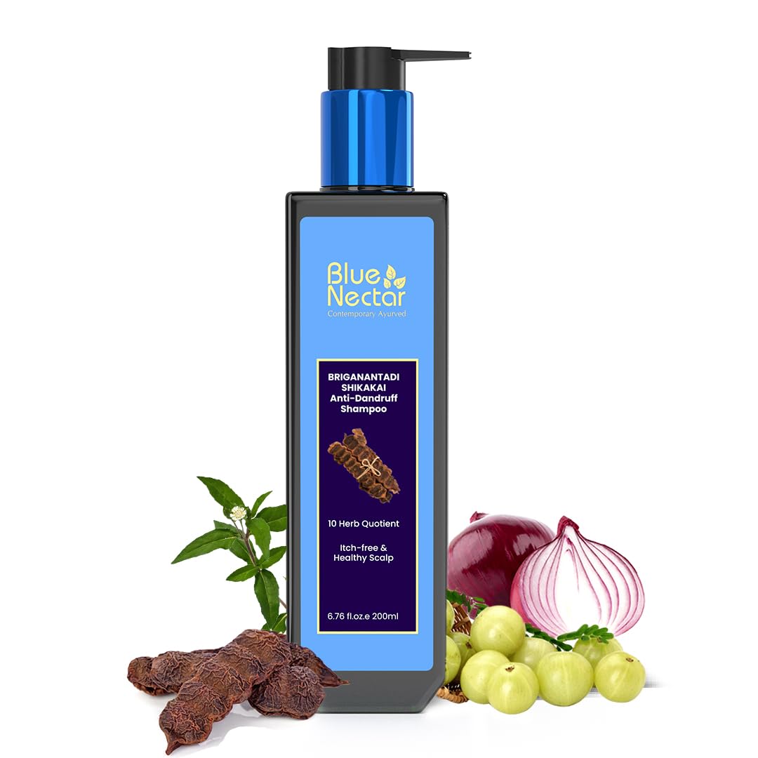 Blue Nectar Anti Dandruff and Healthy Scalp Hair Cleanser Shampoo with Bhringraj, Shikakai, Suitable for Colored Hair, Dry Frizzy Hair | Plant Based Alternate to Salicyclic Acid (10 Herbs, 200 ml)