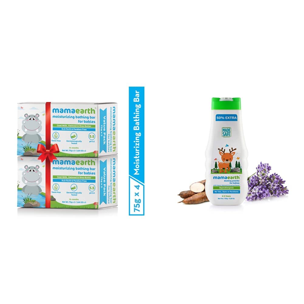 Mamaearth Bathing Bar For Babies - Pack Of 4&Mamaearth Talc Free Organic Dusting Powder For Babies 100 Gm With Arrowroot & Oat Starch