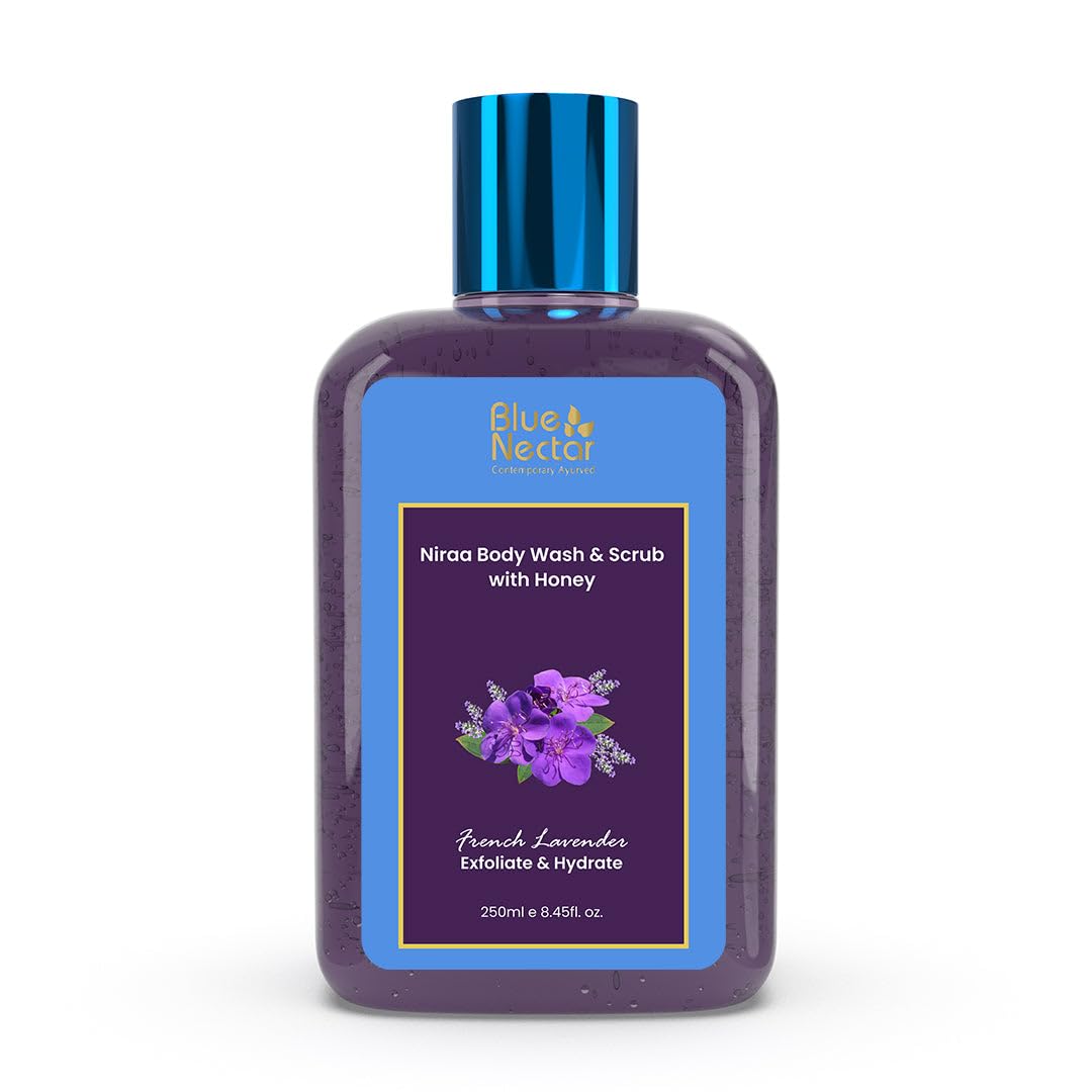 Blue Nectar Exfoliating Body Wash & Scrub for Rough & Bumpy Skin | French Lavender Tan Removal Body Scrub for Women & Men (10 herbs, 250ml)
