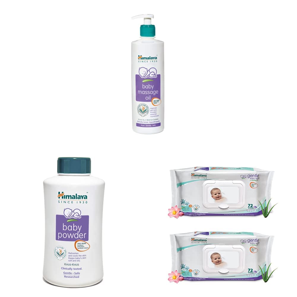Himalaya Baby Massage Oil (500ml), Gentle Wipes (72 Napkins of 2 Packs) and Powder, 700g Combo