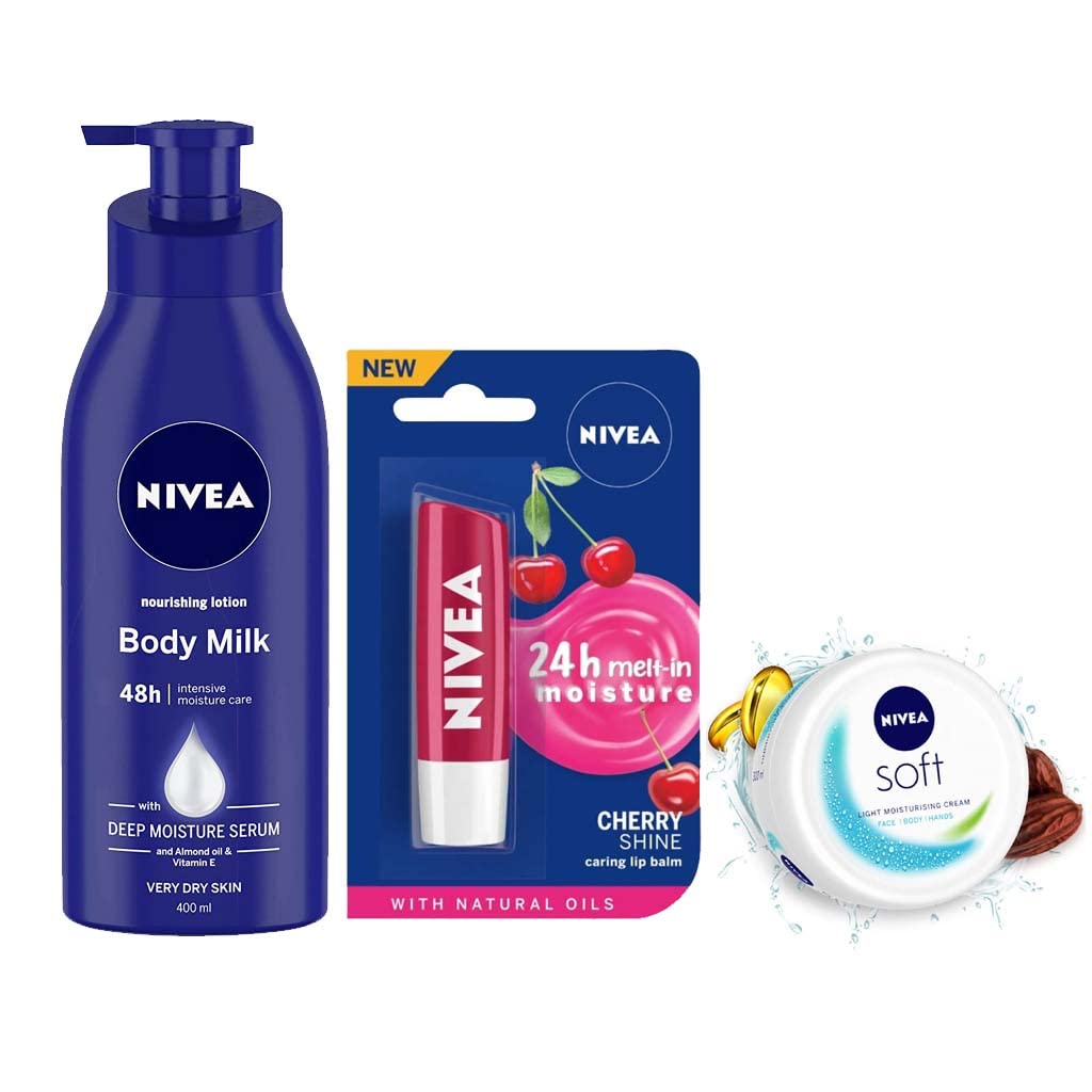 NIVEA Body Milk Nourishing Lotion, 400 ml, Soft Light Moisturiser, 50 ml, and Cherry Shine Lip Balm, 4.8 g (3 Items in the set)