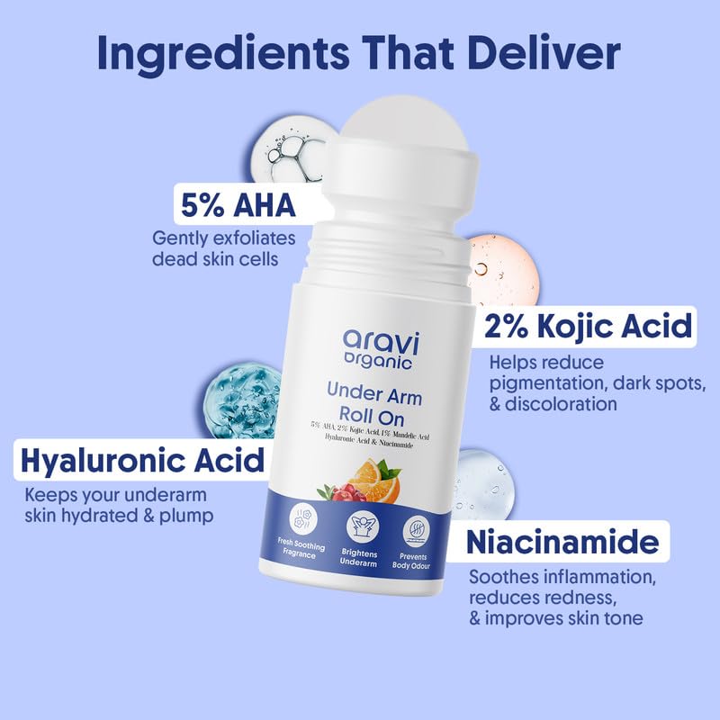 Aravi Organic Cooling Underarm Roll-On | 5% AHA, 2% Kojic Acid & 1% Mandelic Acid | Controls Odour & Sweat | Reduces Pigmentation & Exfoliates | Alcohol-Free & Aluminium-Free | Fresh Aqua Fragrance | 50ml