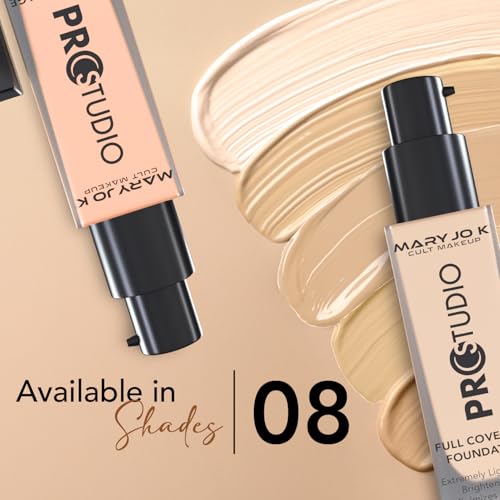 MARY JO K Full Coverage Foundation 03 – Buildable, Long-Wear & Natural Finish – Suitable for All Skin Types – Matte Cream Foundation with Pump – 30ml