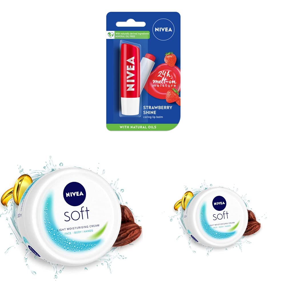 NIVEA Lip Balm, Fruity Strawberry Shine, 4.8g & NIVEA Soft Light Moisturizer Cream, 300 ml & NIVEA Soft Light Moisturizer Cream, with Vitamin E & Jojoba Oil for Face, 200 ml