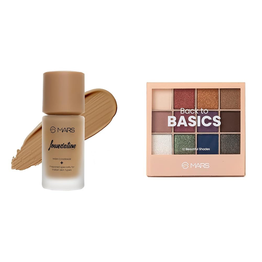 MARS High Coverage Liquid Matte Foundation | Blemish Free & Blendable Foundation for Makeup (40ml) (SHADE-08) 12 Shades Back to Basics Eyeshadow Palette with Free Applicator (14.4 gm) (Shade-01)