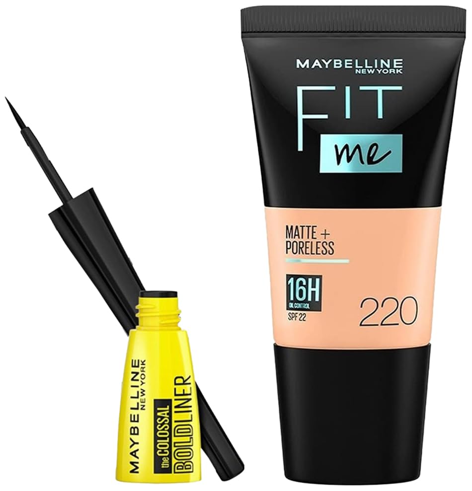 Maybelline New York Fit Me Matte+Poreless Liquid Foundation Tube, 220 Natural Beige, 18ml and Maybelline New York Colossal Bold Eyeliner, Black, 3g