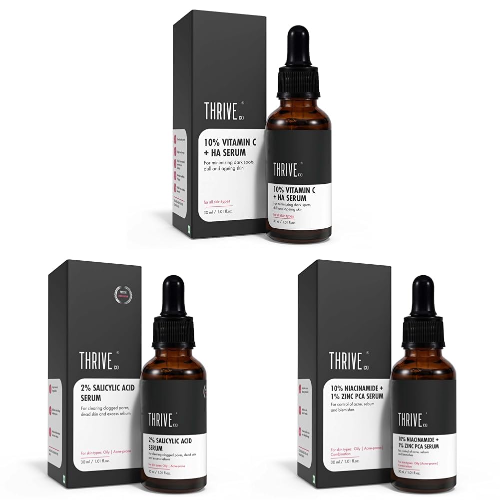 ThriveCo Clear Skin Trio |10% Niacinamide & 1% Zinc PCA Serum(30ml) + 10% Vitamin C & Hyaluronic Acid Serum(30ml) + 2% Salicylic Acid Serum(30ml) |Fades Acne, Dark Spots & Gives Bright Glow