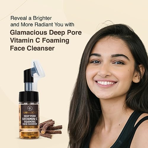 GLAMACIOUS Deep Pore Vitamin C Foaming Face Cleanser with Brush (100ml) | Anti-Acne & Pigmentation Control | Purifies, Detoxifies & Nourishes Skin | Sebum Control with Licorice & Niacinamide