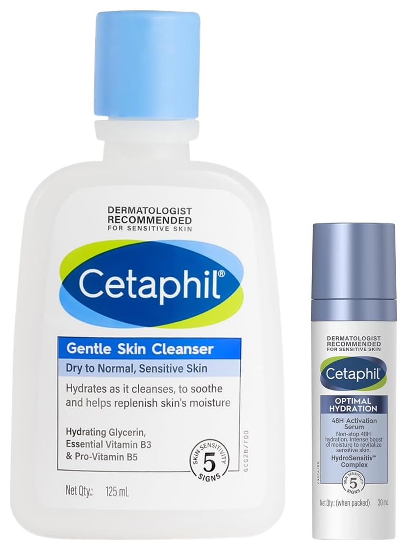 Cetaphil Optimal Hydration Lightweight Serum 30 ml Fast absorbing Hyaluronic Acid Blue Daisy extract Vitamin B5 for Skin Cleanser for 125 ml Hydrating with Niacinamide Vitamin B5