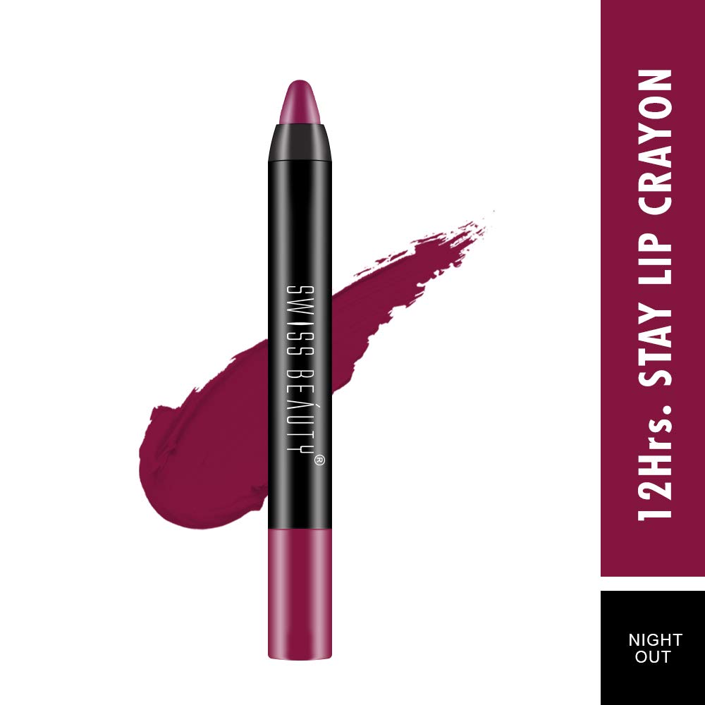 Swiss Beauty 12 Hrs. Stay Matte Lip Crayon, Night Out, 3g - Long Lasting, Waterproof, Super Stay, Matte Finish Lip Crayon, Long Wear, Crayon Lipstick