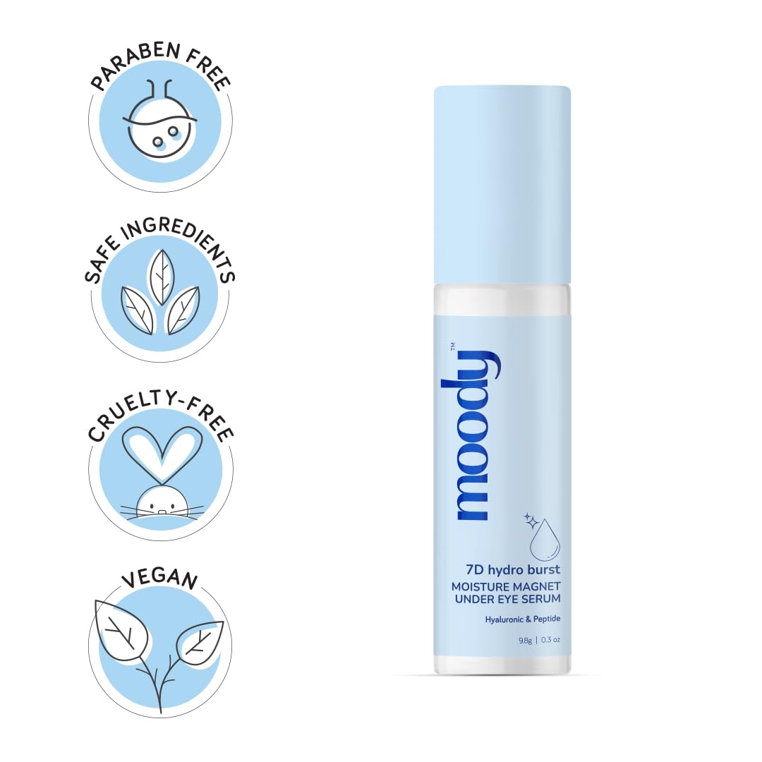 Moody 7D Hydro Burst Under Eye Roll On Serum With Hyaluronic Peptides & Vitamin E For Dark Circles & Puffiness | Eye Cream for Wrinkles & Fine Lines | Sulphate Free & Vegan | Men & Women | 9.8 gm