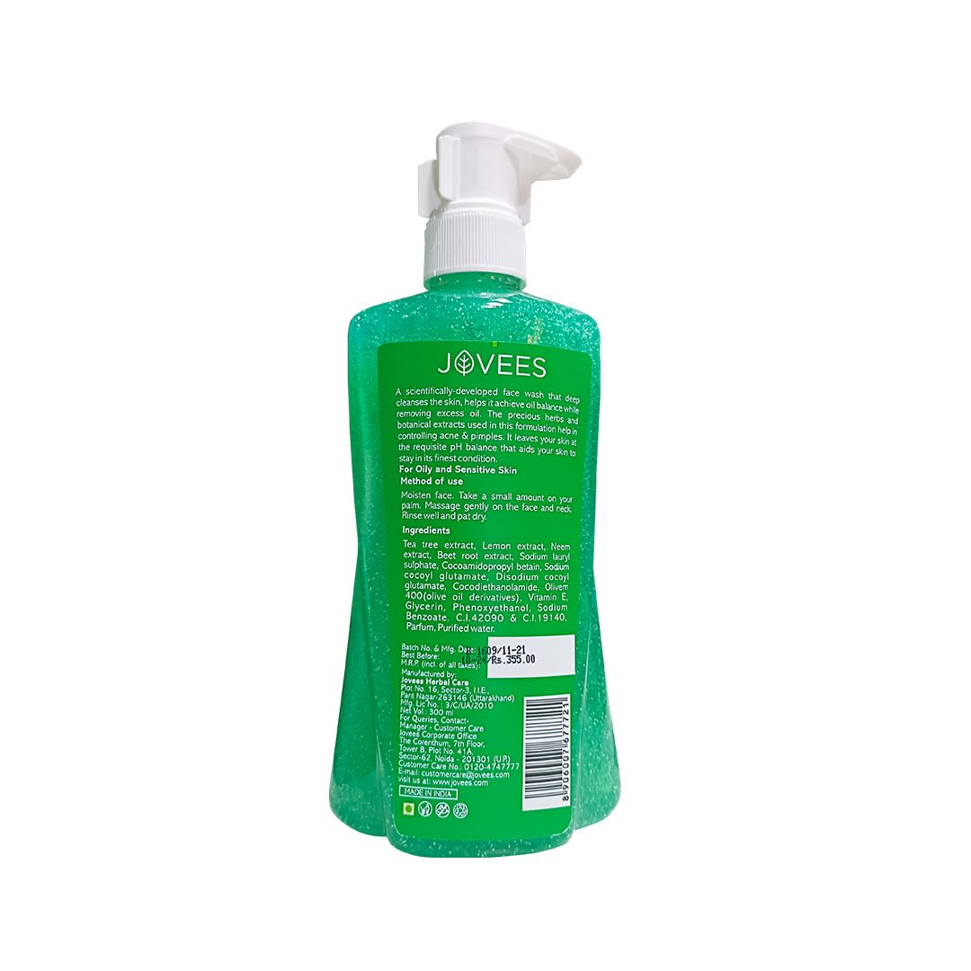 Jovees Herbal Tea Tree Oil Control Face Wash for Oily & Sensitive Skin | Paraben & Alcohol-Free, Controls Oil, Prevents Breakouts, Remove Dead Skin | Gentle Cleanser For All Skin Types - 300ml