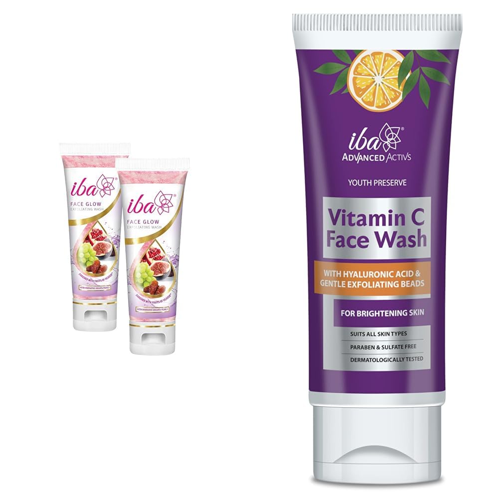 Iba Face Glow Exfoliating Wash, 100ml (Pack of 2) Advanced Activs Youth Preserve Vitamin C Face Wash l No Parabens & Sulfates l High Foam l For Glowing Skin | Halal Certified & Vegan -100 ml