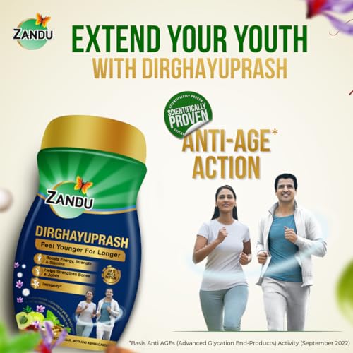 Zandu Dirghayuprash: Anti Age Action* with Vayasthapan Mahakashaya Herbs, Scientifically Proven, goodness of Chyawanprash for 3 way immunity action*| Boosts Energy, Strength, Stamina | Helps Strengthen Bones & Joints| | 450 GM