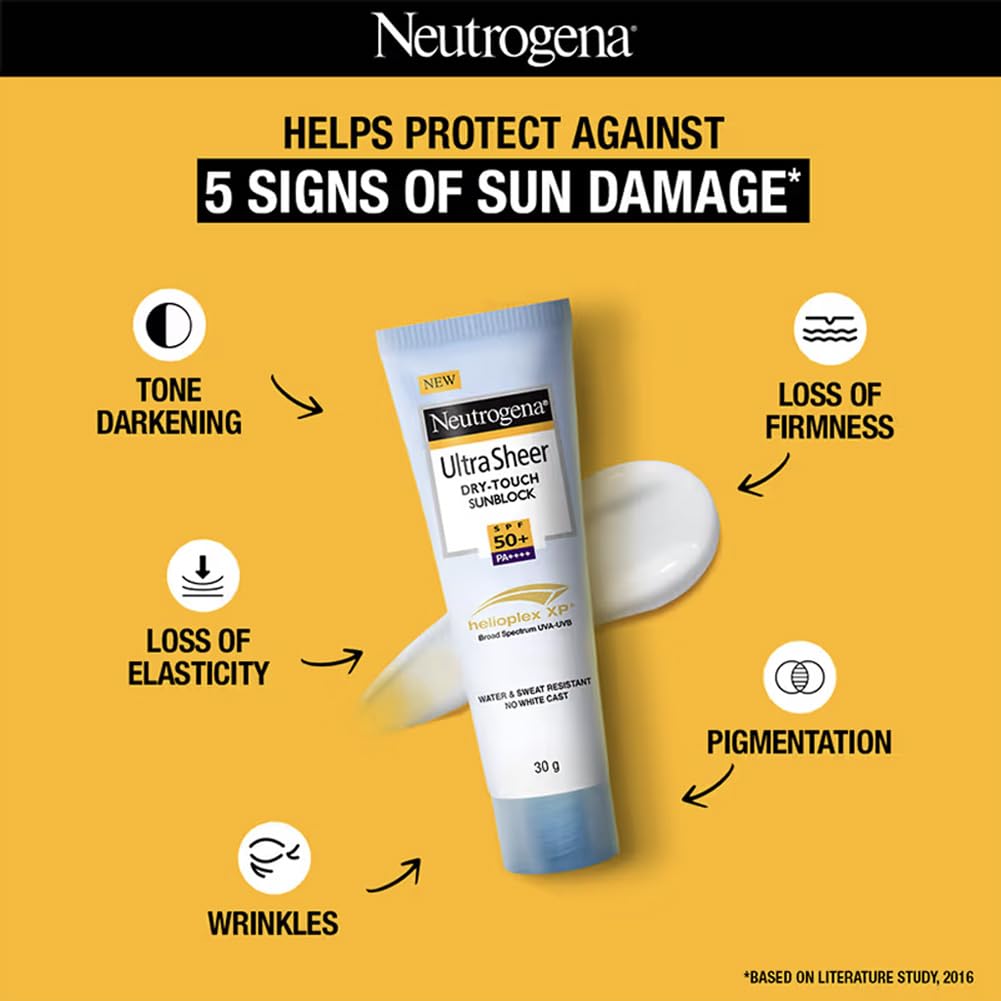 Neutrogena Ultra Sheer Sunscreen SPF 50+ | Broad Spectrum UVA/UVB | Blue light protect | No White Cast | Water resistant, Ultra light & Non sticky | Oily, Dry & Sensitive Skin | 30 g (Pack of 1)