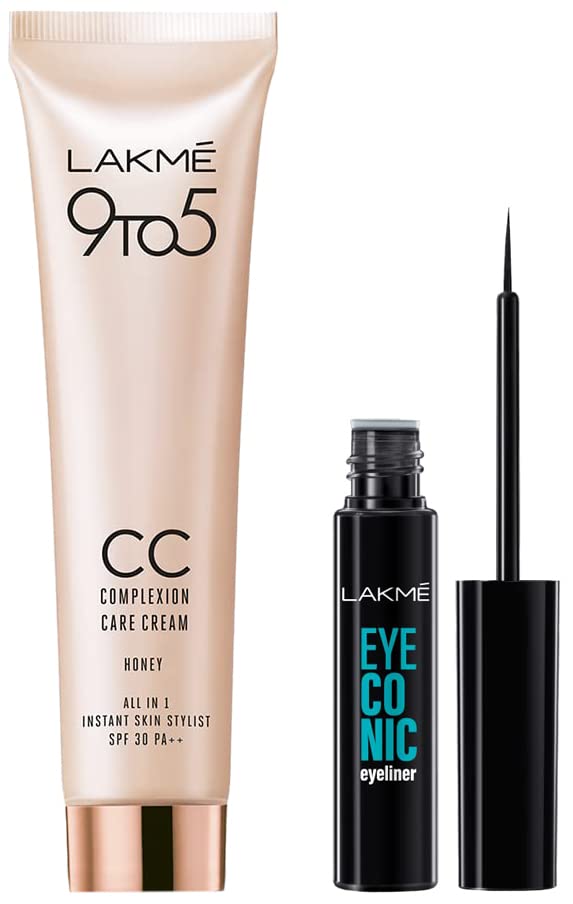 LAKMÉ 9 To 5 Complexion Care Face Cc Cream, Honey, Spf 30, Conceals Dark Spots & Blemishes, 30 G & Eyeconic Liquid Eyeliner, Black, 4.5 Ml
