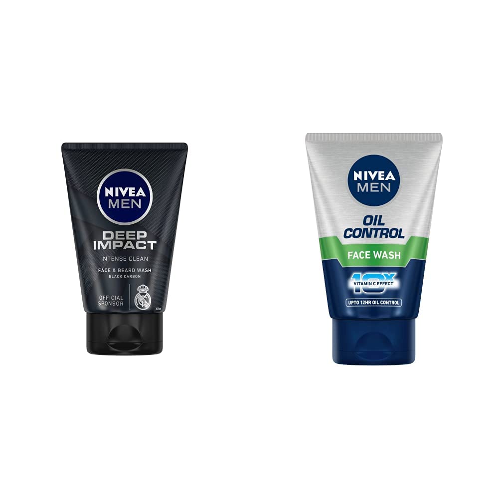 Nivea Men Face Wash, Deep Impact Intense Clean, 100g & Men Face Wash, Oil Control, 10x Vitamin C, 100g