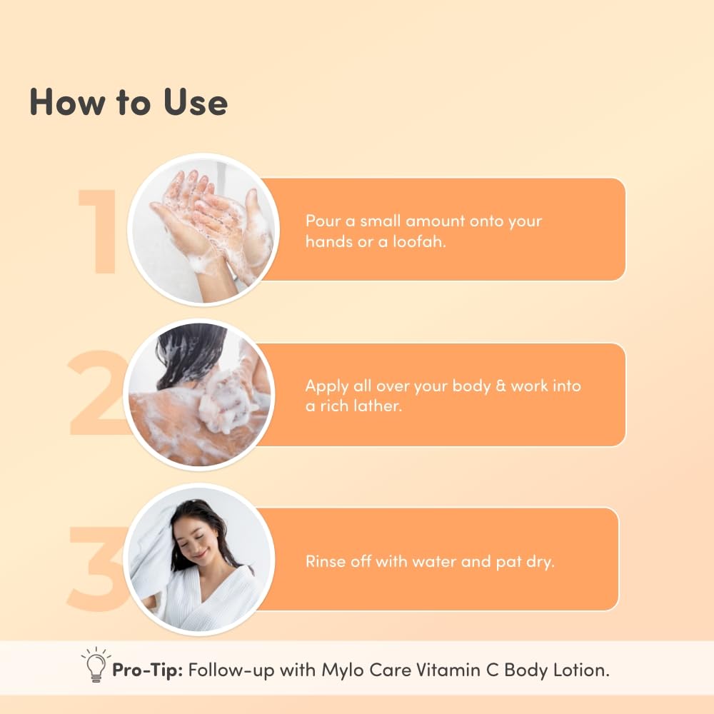 Mylo Care Vitamin C Body Wash with Honey, Oat Extract & Vitamin E for Refreshing & Glowing, Brightens Skin, Repairs from Sun Damage, 24 Hours Hydration 275 ml