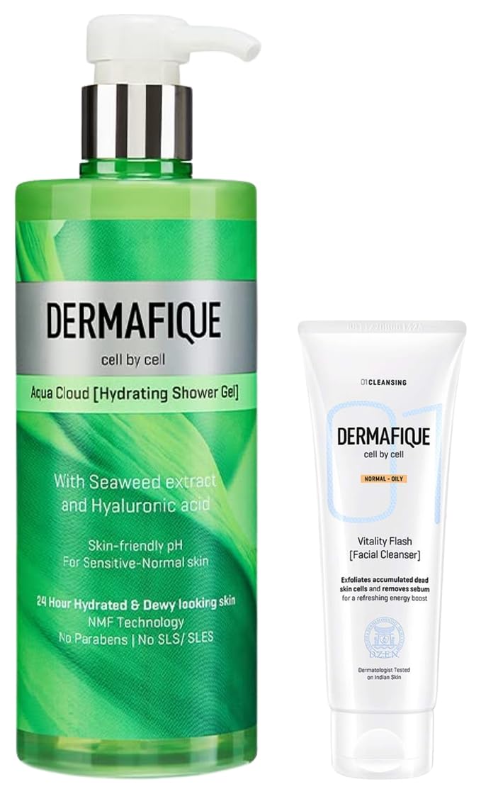Dermafique Aqua Cloud Hydrating Shower Gel – 500ml Body Wash with Seaweed Extracts Hyaluronic Acid Suitable for Sensitive Normal Skin Vitality Flash Facial Cleanser – 100ml