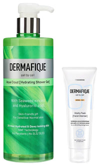 Dermafique Aqua Cloud Hydrating Shower Gel – 500ml Body Wash with Seaweed Extracts Hyaluronic Acid Suitable for Sensitive Normal Skin Vitality Flash Facial Cleanser – 100ml