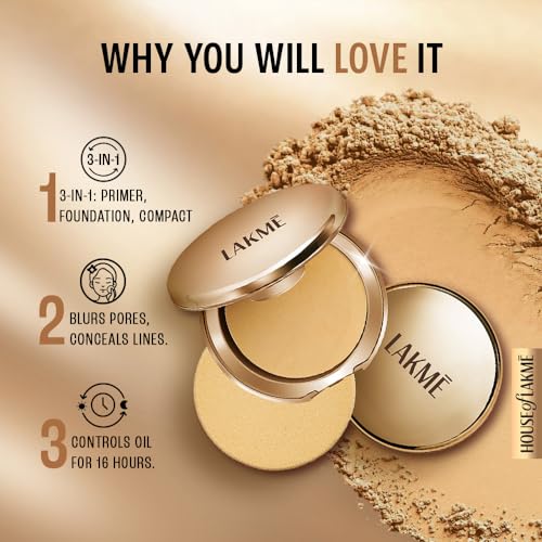 LAKMÉ 9 To 5 Primer With Matte Powder Medium Coverage All Skin Foundation Compact, Silky Golden, 9G
