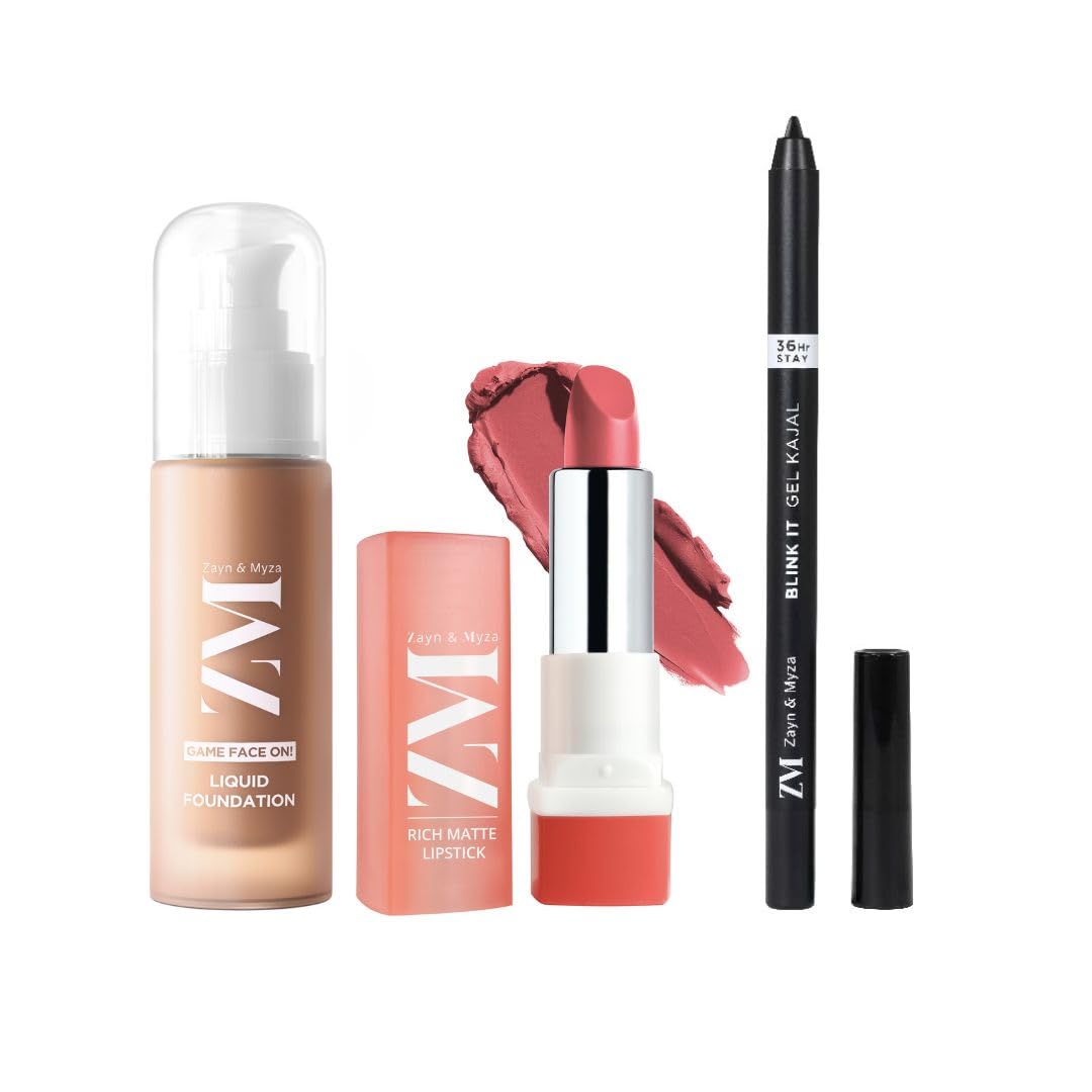 ZM Zayn & Myza Makeup Combo | Rich Matte Lipstick(Fashionista), Liquid Foundation(Beige) & Blink It Gel kajal(Black) (3 Items in the set)