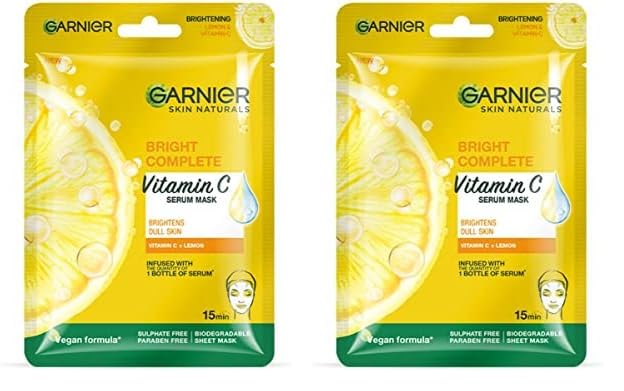 Garnier Skin Naturals, Face Mask, Hydrating, Brightening & Anti-Dark Spots, Bright Complete, 1 pc, 28g (Pack of 2)