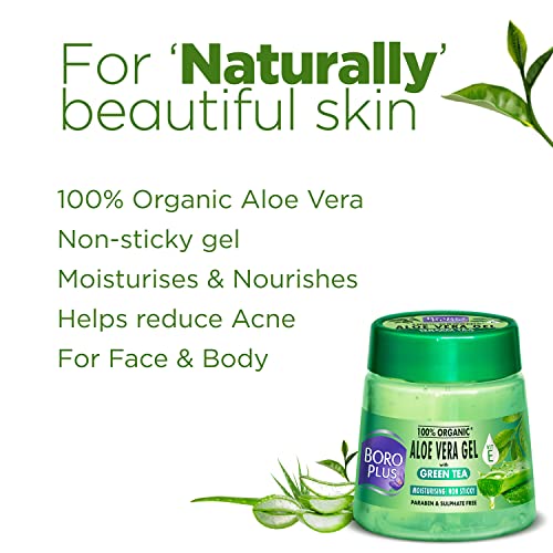Boroplus Aloe Vera Gel With Green Tea 100% Organic For Skin & Hair, Rich In Vitamin E And Antiseptic Herbs For Smooth, Nourished And Moisturised Skin, 200Ml