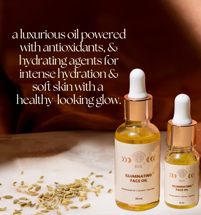BiE Illuminating Face Oil with Kumkumadi Oil | Squalane | Licorice for Glowing Skin | For Glowing Skin, Brightens & Hydrates | Repairs Skin Barrier | Lightweight Facial Oil for Daily Use | Unisex | No Added Fragrance | 30ml