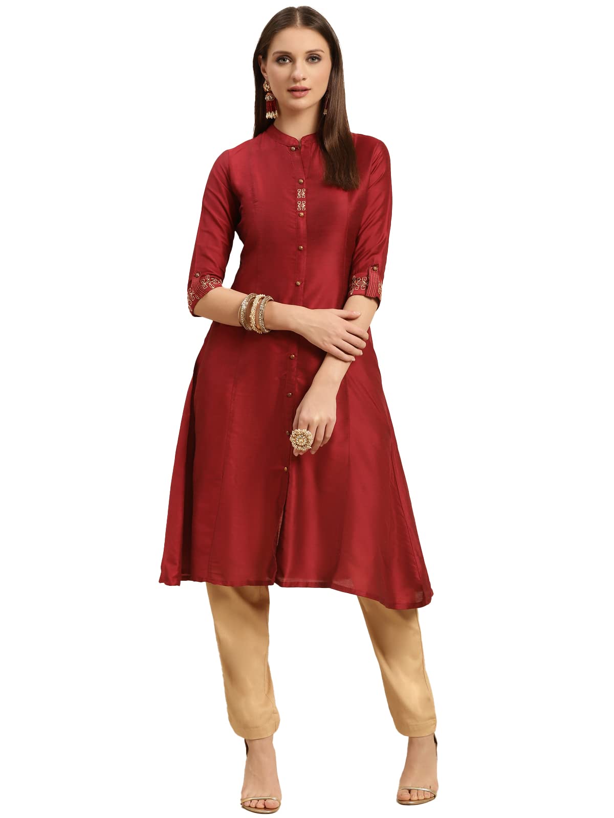 rangita Women Solid Embroidered Calf Length A Line Kurti with Sleeves Tabs