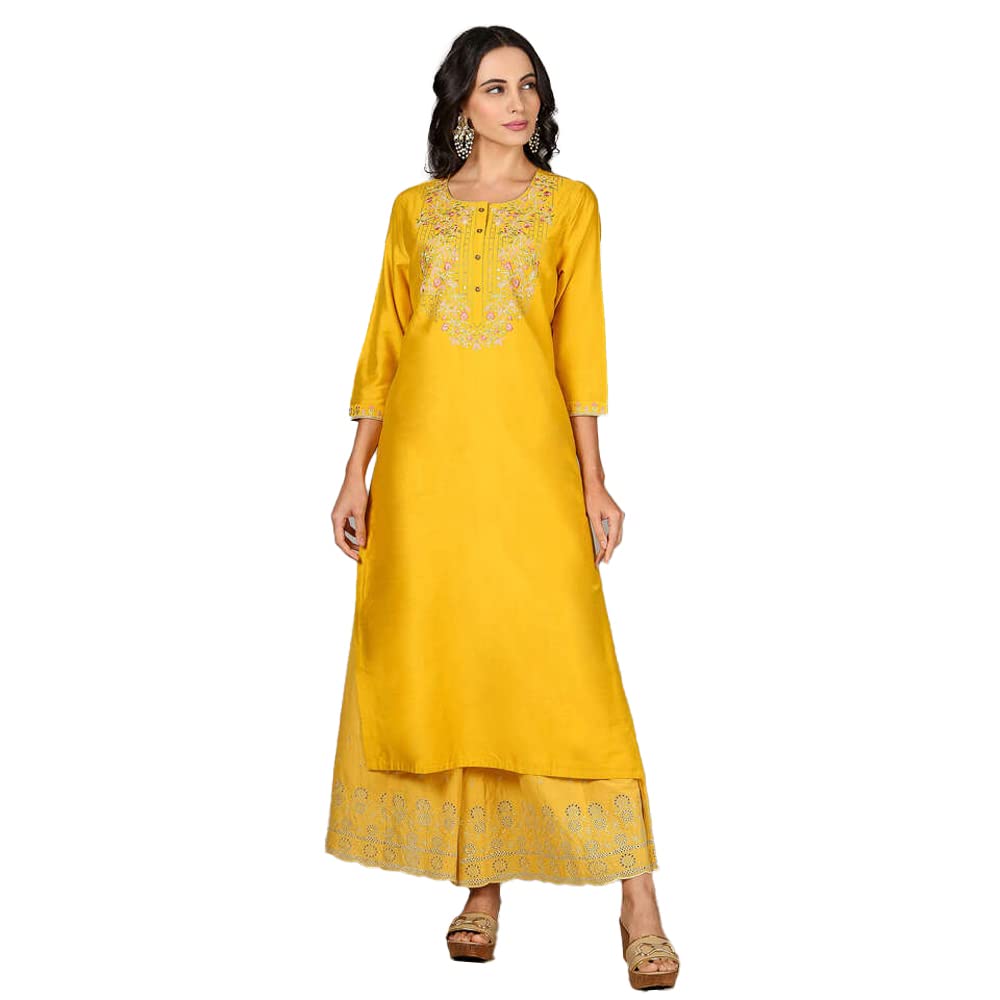 Kashish Women's  Viscose Embroidered Round Neck Straight Fit Kurta
