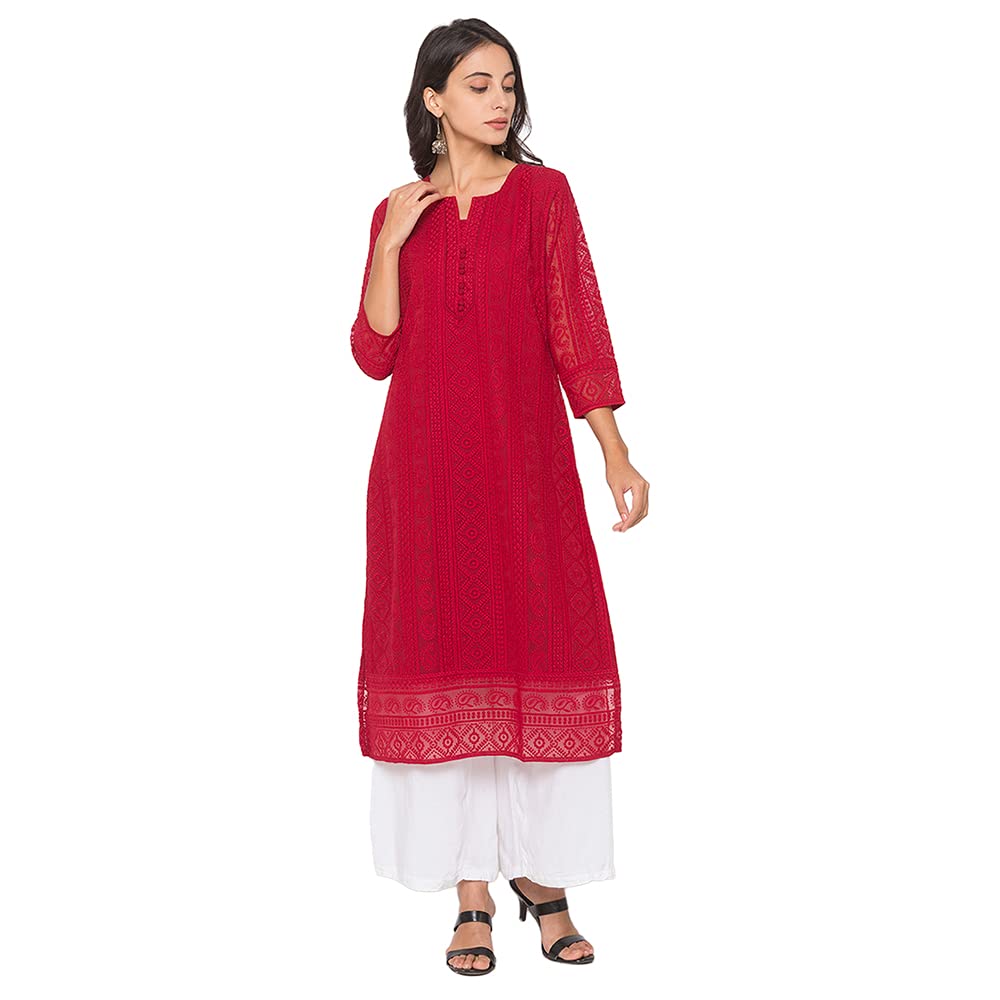 ZOLA Exclusive Georgette Round Neck with 3/4Th Sleeves and Calf Length Luckhnowi Chikan Kari Kurta with Button Placket On Yolk Ethnic Wear Straight Kurta for Women