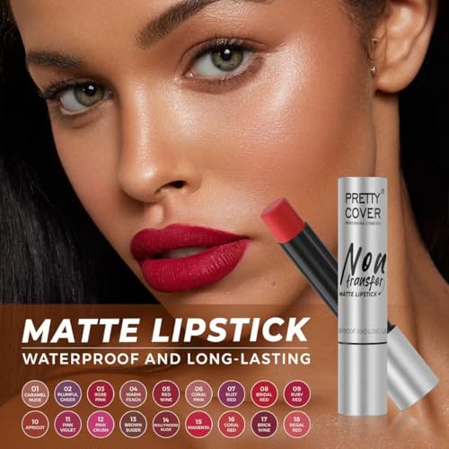 PRETTY COVER Non-Transfer Matte Lipstick | Long-Lasting, Smudge-Proof & Waterproof | Intense Color Payoff with Lightweight Formula for All-Day Wear (RUBY RED)