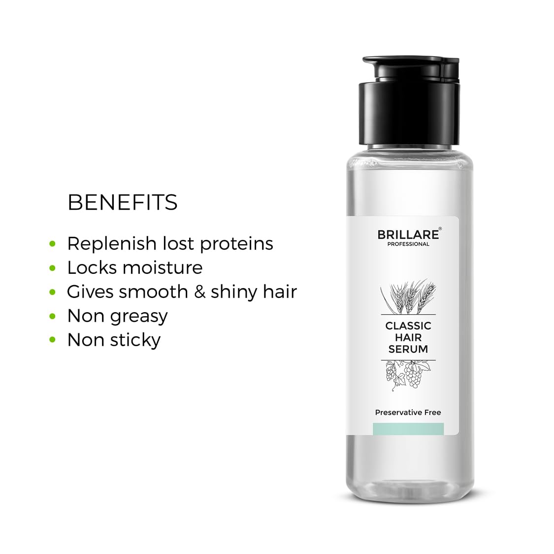 Brillare Professional Classic Hair Serum For Dry Frizzy Hair Women, Enriched With Wheat Germ & Grape Seed Oil, For Smooth, Shiny & Tangle free Hair, 70 ml