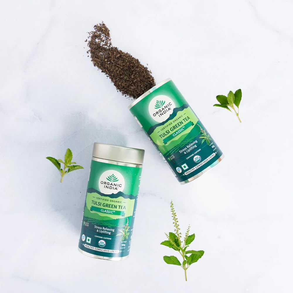 A TATA Product - Organic India Tulsi Green Tea Classic Loose Leaves - 100g, Stress Relieving, Uplifts Mood, Rich in Antioxidants, Blend of Rama, Krishna & Vana Tulsi, Certified Organic