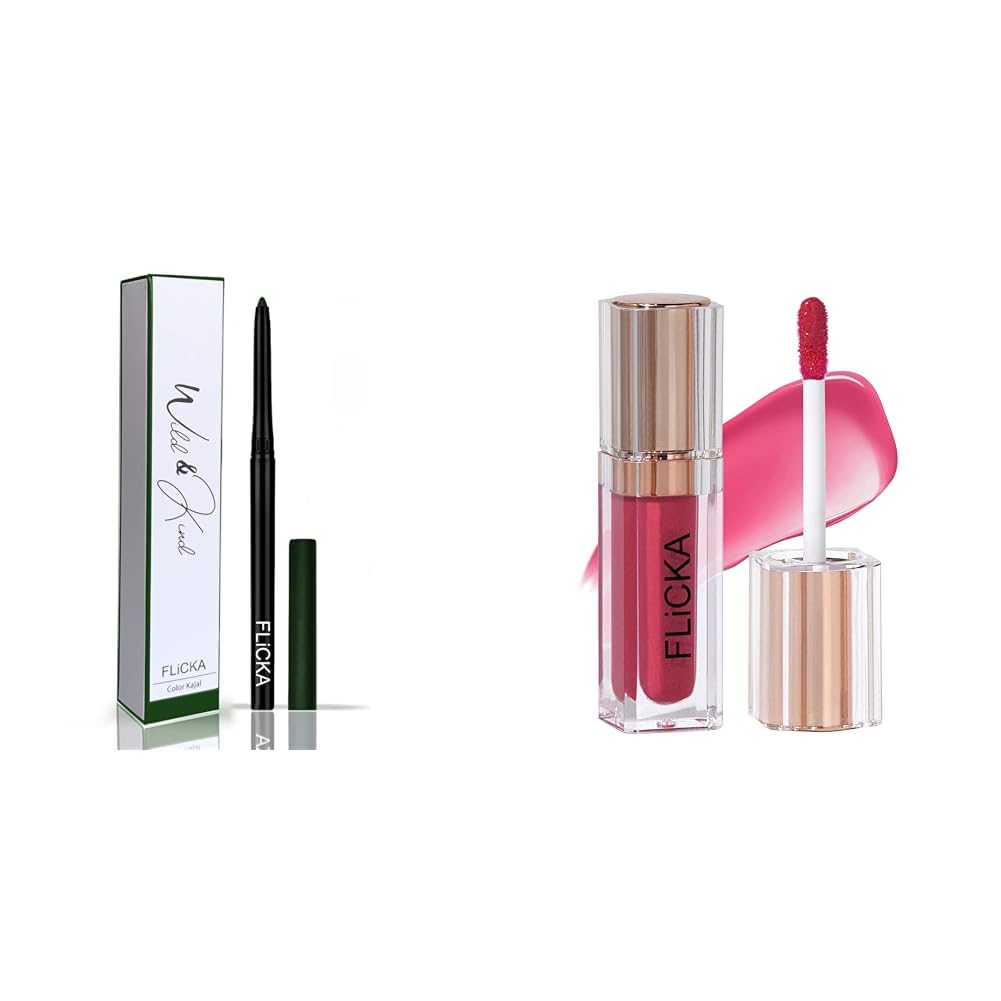 Flicka Wild & Kind Twist Kajal Pen 04 Green Treasure Waterproof & Long Lasting 0.30gm Shimmery Affair Lip Gloss 6 Gin Baby Pink 5ml