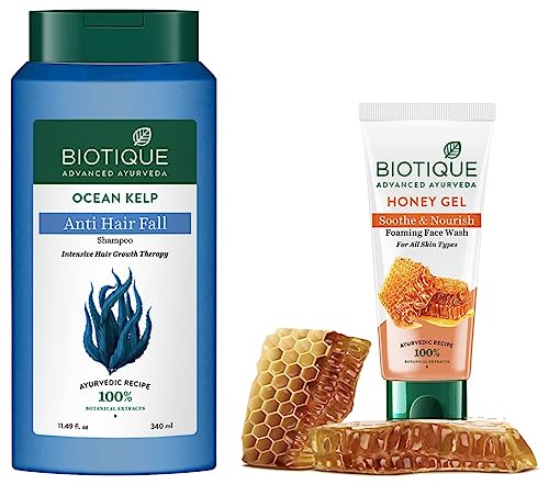 Biotique Bio Kelp Protein Shampoo for Falling Hair Intensive Hair Regrowth Treatment, 340ml & Biotique Bio Honey Gel Face Wash for All Skin Types, 100ml