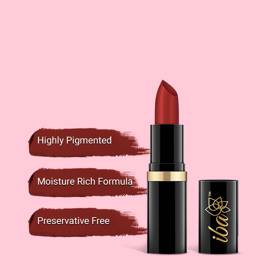 Iba Pure Lips Moisture Rich Lipstick for Women- A60 Cherry Red, 4g | High Glossy, Creamy Finish & Smooth Texture| Hydrated Lips | Enriched with Vitamin E, Coconut Oil & Shea Butter | Intense Colour & Highly Pigmented | Lip Makeup