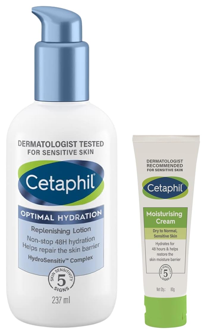 Cetaphil Moisturising Cream Face & Body skin 80 gm Optimal Hydration Replenishing Body Lotion 237ml Lightweight moisturizer & nongreasy Hyaluronic Acid Sunflower Oil Blue Daisy extract