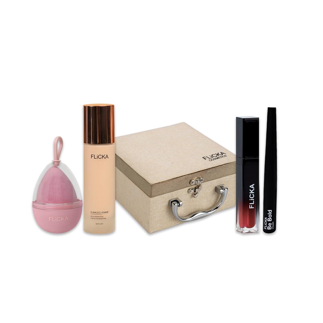 FLiCKA Wedding & Anniversary Gift Makeup Box Combo Pack | Flawless Foundation, Beauty Blender, Set & Attack Lipsticks, Be Bold Eyeliner, Vanity Box | Best Gift hamper for Sister, Girlfriend, Wife, Mother