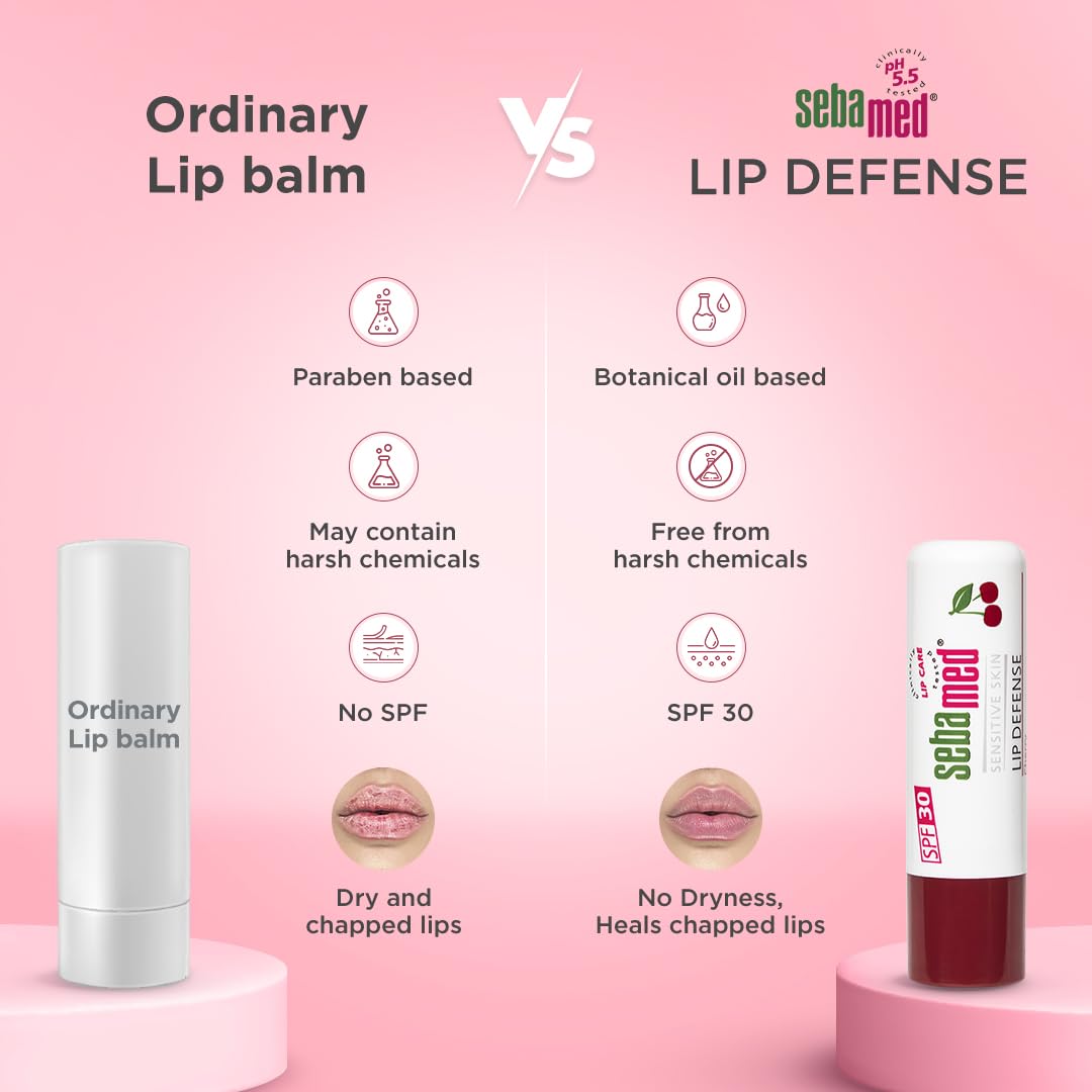 Sebamed Lip defense 4.8gm, Cherry | SPF 30 |Lip balm for Dry & Chapped lips with natual oil & Vitamin E | UV protection | Dermatologically tested
