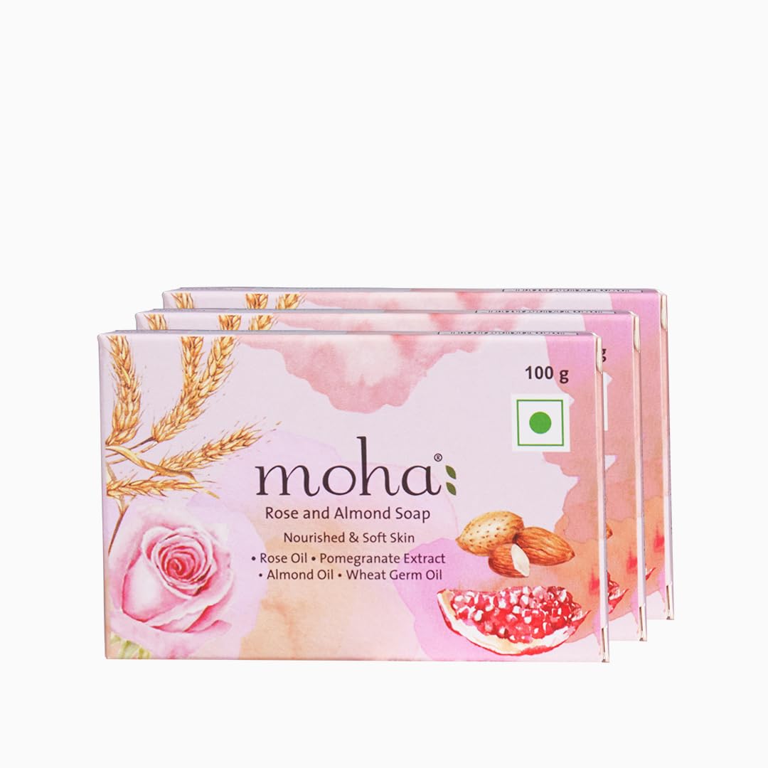 moha: Rose and Almond Bath Soap Unisex Bathing Bar with the benefits of Rose oil Pomegranate extract Almond oil wheat germ oil for soft, nourished and youthful skin - 100gm (Pack of 3)