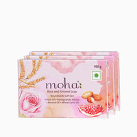moha: Rose and Almond Bath Soap Unisex Bathing Bar with the benefits of Rose oil Pomegranate extract Almond oil wheat germ oil for soft, nourished and youthful skin - 100gm (Pack of 3)