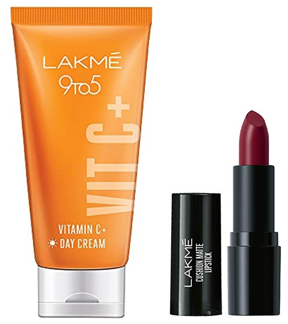 Lakmé 9To5 Vitamin C+ Day Cream with 98% Pure Vitamin C complex, 50g & Lakmé Cushion Matte Lipstick Burgundy Bloom, Long Lasting Comfortable Velvet Matte Finish - Waterproof, 4.5g