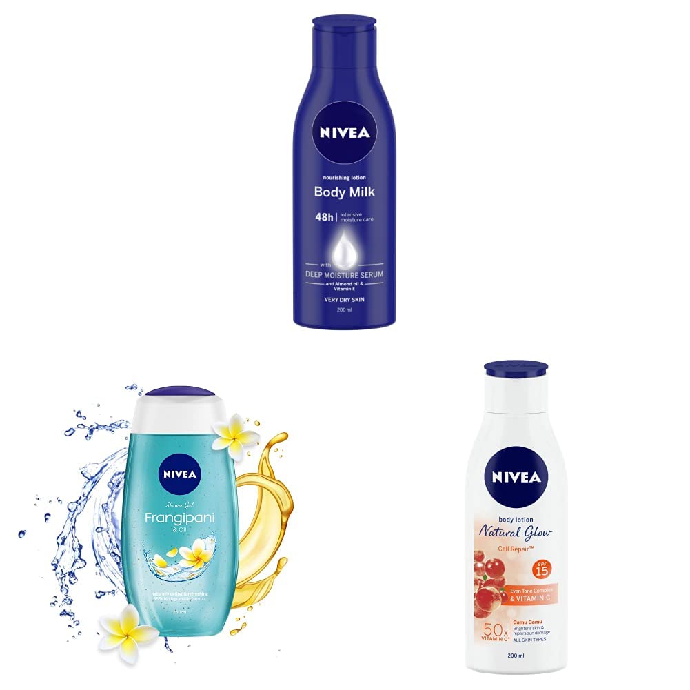 NIVEA Body Lotion for Very Dry Skin, 200 ml & NIVEA Body Wash, Frangipani & Oil Shower Gel Frangipani Flower, 250 ml & NIVEA Body Lotion Natural Glow, Cell Repair, SPF 15 & 50x Vitamin C 200 ml