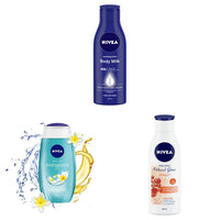 NIVEA Body Lotion for Very Dry Skin, 200 ml & NIVEA Body Wash, Frangipani & Oil Shower Gel Frangipani Flower, 250 ml & NIVEA Body Lotion Natural Glow, Cell Repair, SPF 15 & 50x Vitamin C 200 ml