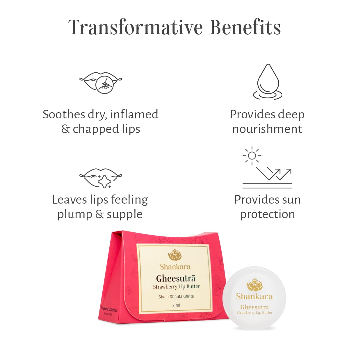 Shankara Gheesutrā Strawberry Lip Butter, Ayurvedic Lip Balm for Soothing Dry, Inflamed, and Chapped Lips - Nourishment, Moisturizing, and Hydration up to 12 Hours - (Pack of 1) - 3ml